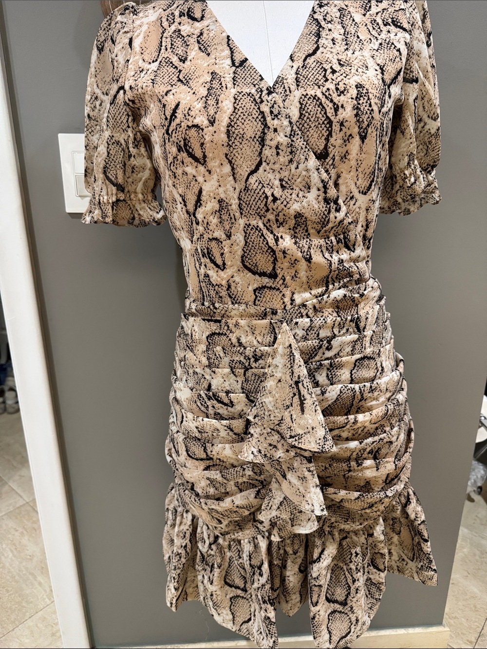 Beige Snake Print Ruched V-Neck Mini Dress by Walter Baker